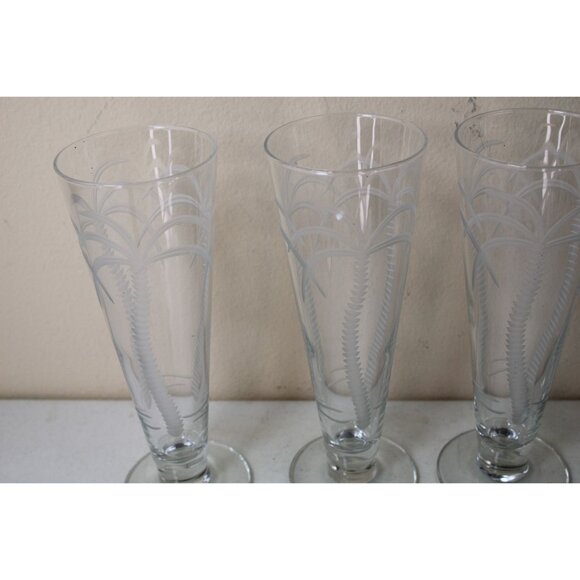 4 Rolf Palm Tree Etched Pilsners Glasses Tropical Clear 91330 Set - Picture 2 of 6